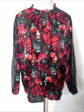 Sandro Paris Floral Red Lace-Sleeve Women's Blouse